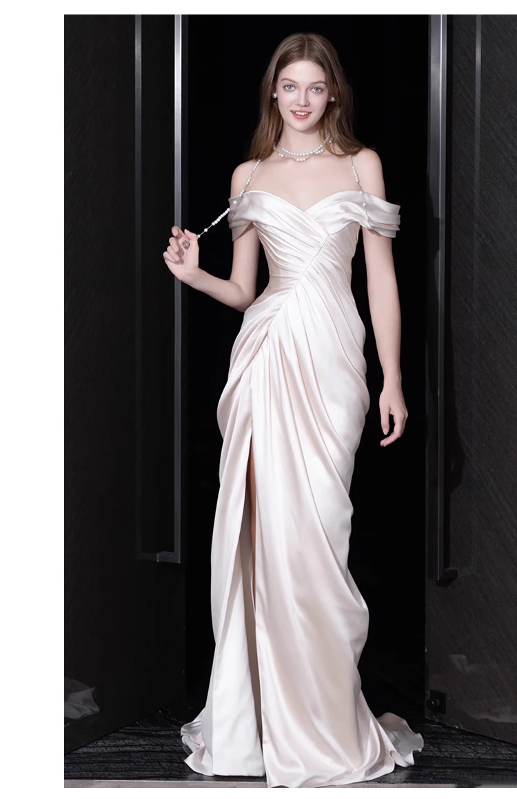 Sexy Sheath Off The Shoulder Short Sleeves White Satin Long Wedding Dresses