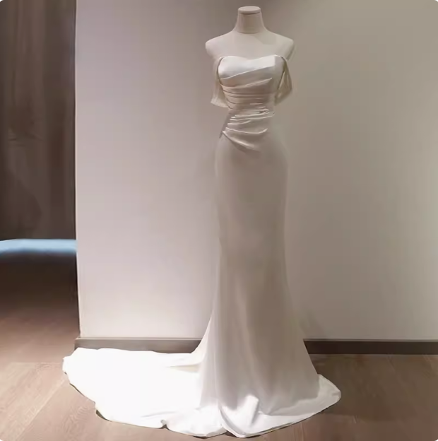 Sexy Sheath Off The Shoulder Short Sleeves Satin Long Wedding Dresses