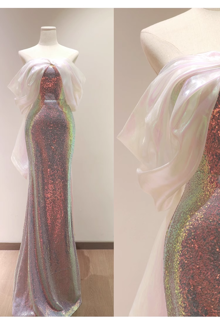 Pretty Sheath Strapless Sequin Long Prom Dresses With Sleeves