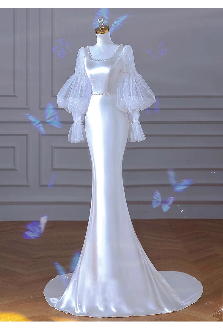 Sexy Mermaid U Neckline Long Sleeves Satin Long Wedding Dresses With Pearls