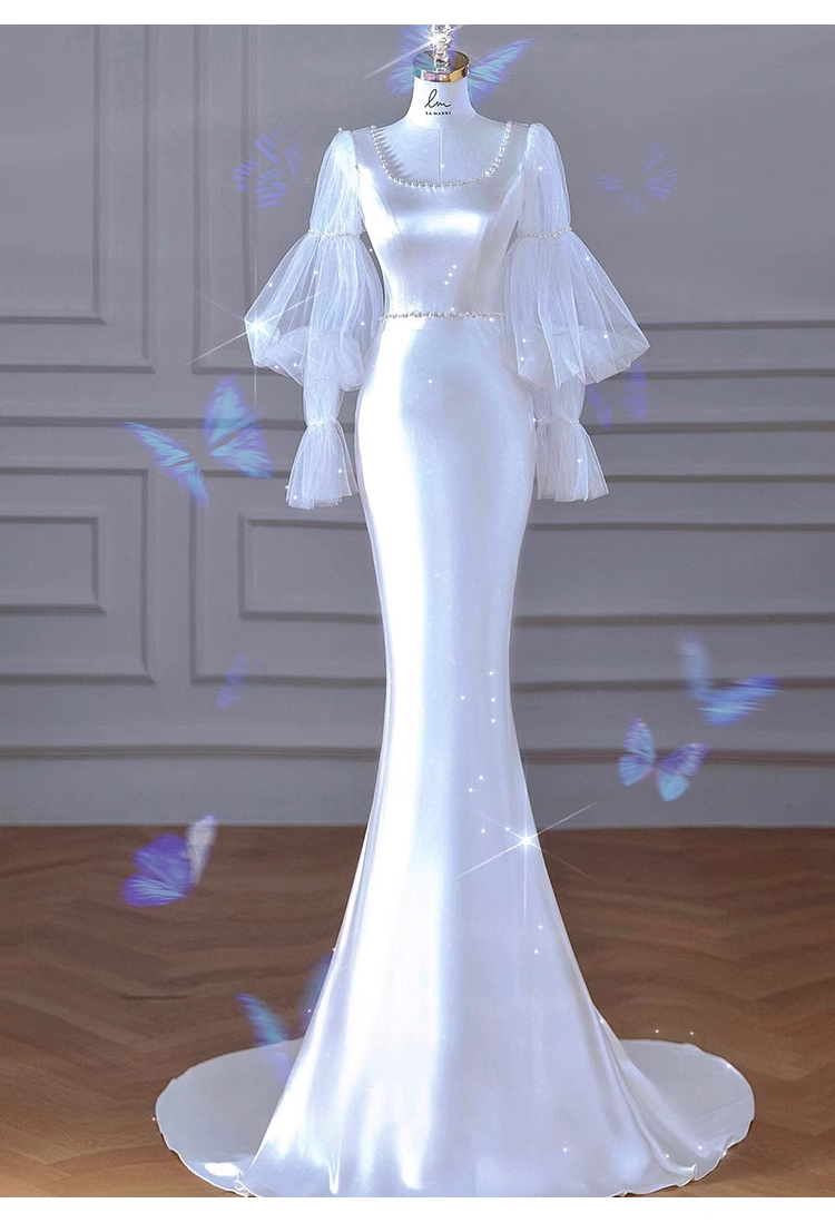 Sexy Mermaid U Neckline Long Sleeves Satin Long Wedding Dresses With Pearls