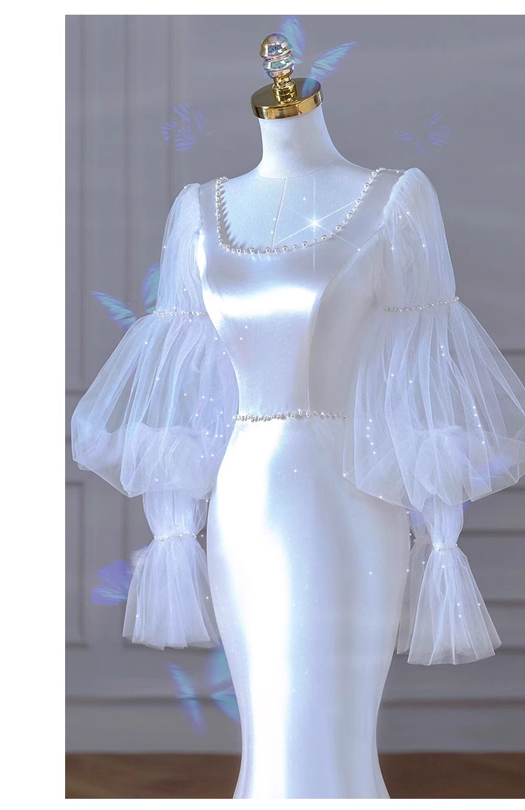 Sexy Mermaid U Neckline Long Sleeves Satin Long Wedding Dresses With Pearls