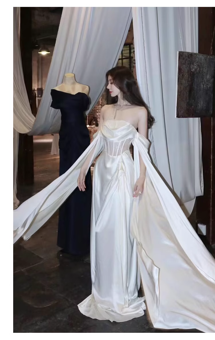 Sexy A line Off The Shoulder Long Sleeves Satin Long Wedding Dresses With Cape