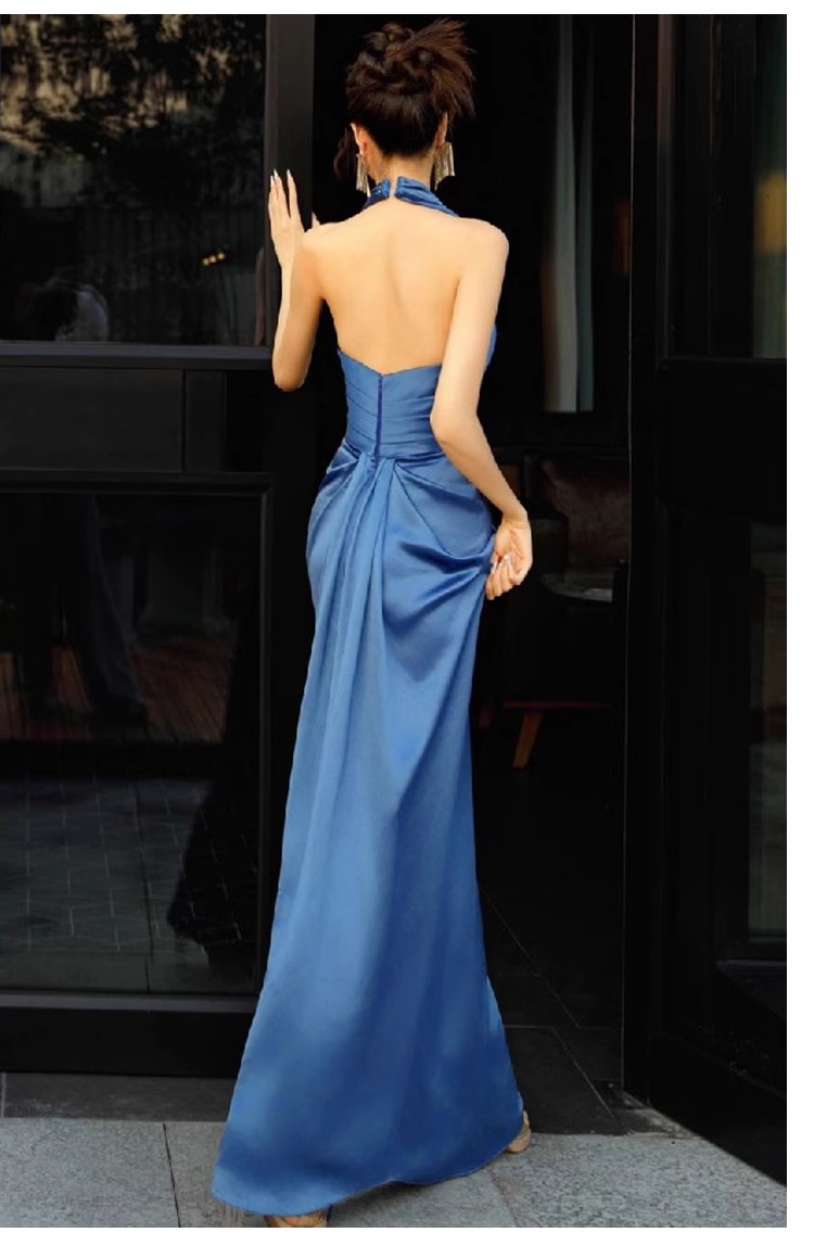 Pretty Sheath High Neckline Satin Royal Blue Long Prom Dresses