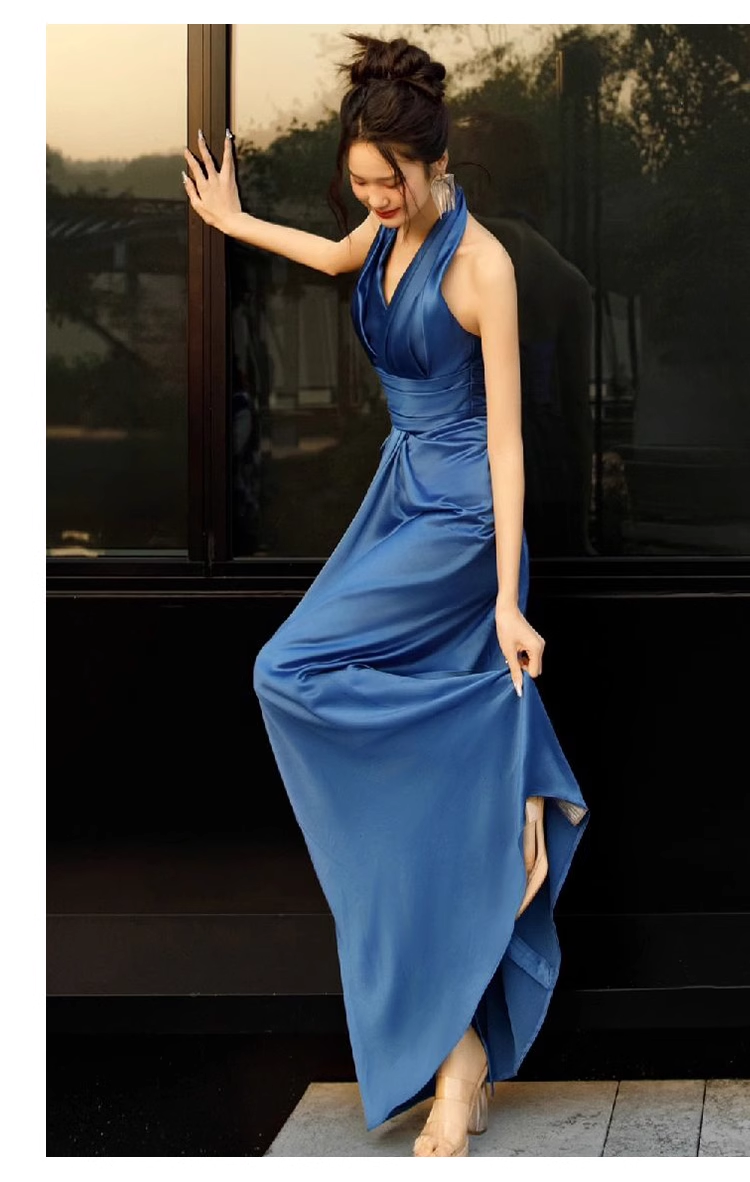 Pretty Sheath High Neckline Satin Royal Blue Long Prom Dresses