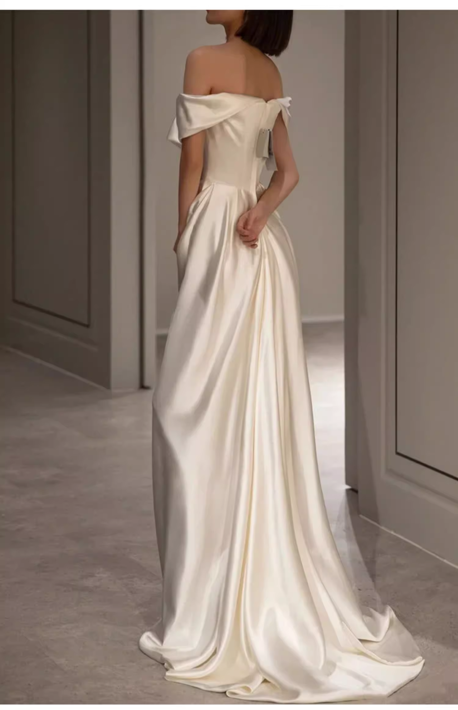 Sexy Sheath Off The Shoulder Short Sleeves Satin Long Wedding Dresses With Ruffles
