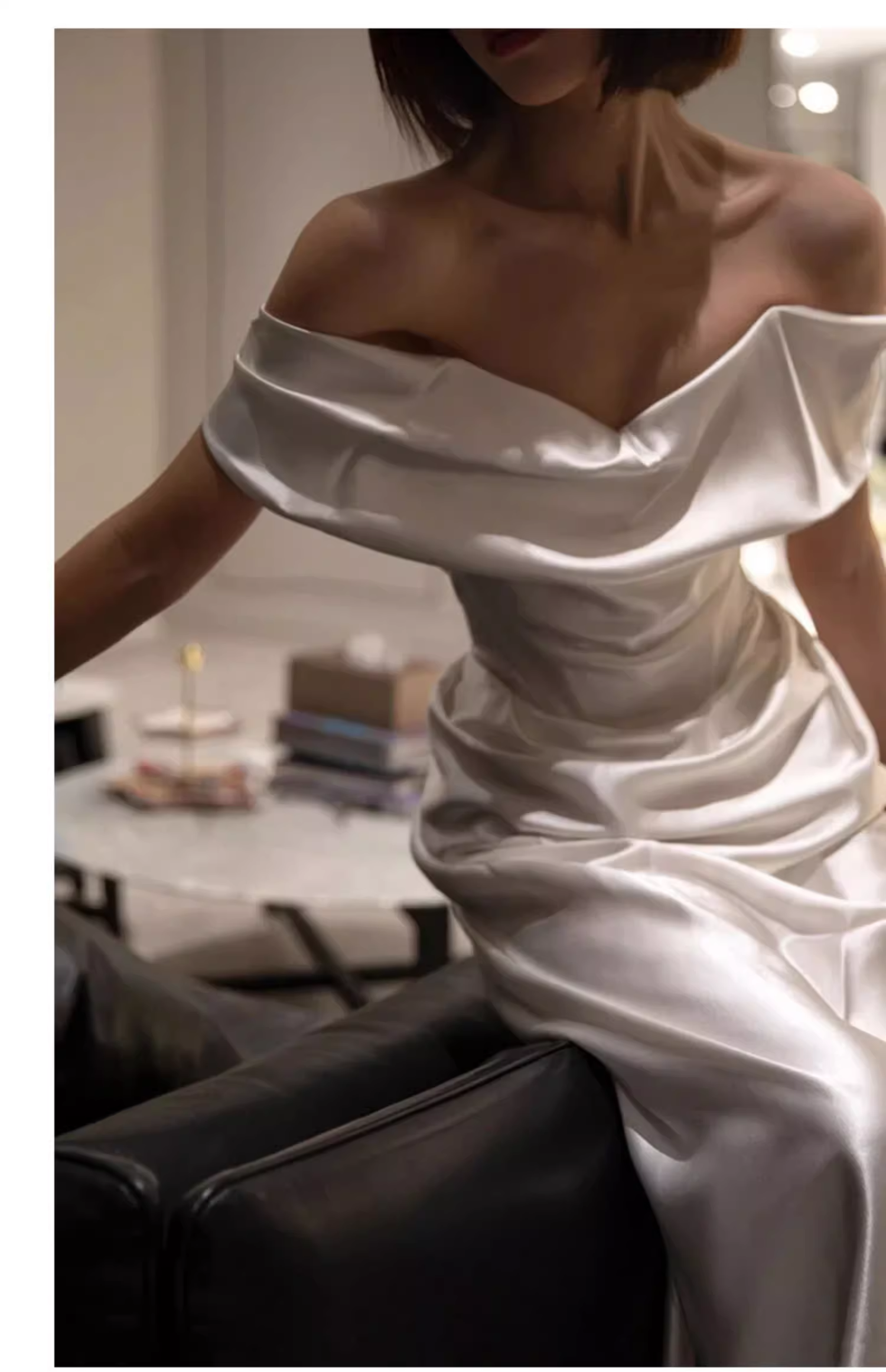 Sexy Sheath Off The Shoulder Short Sleeves Satin Long Wedding Dresses With Ruffles