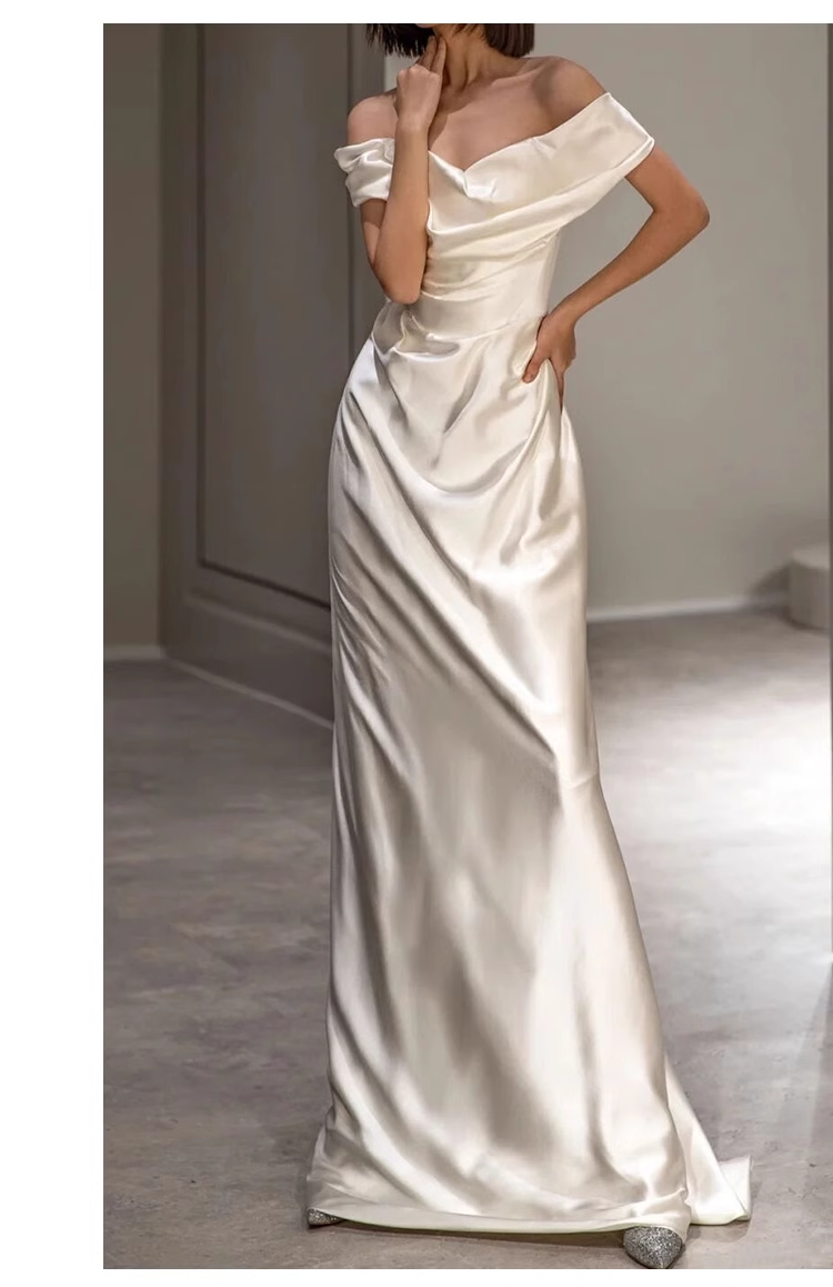 Sexy Sheath Off The Shoulder Short Sleeves Satin Long Wedding Dresses With Ruffles