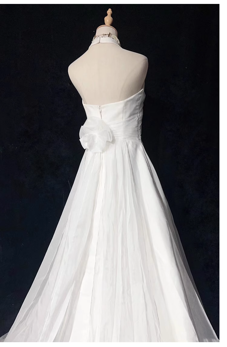 Chic A line High Neckline Backless Satin Long Wedding Dresses With Ruffles