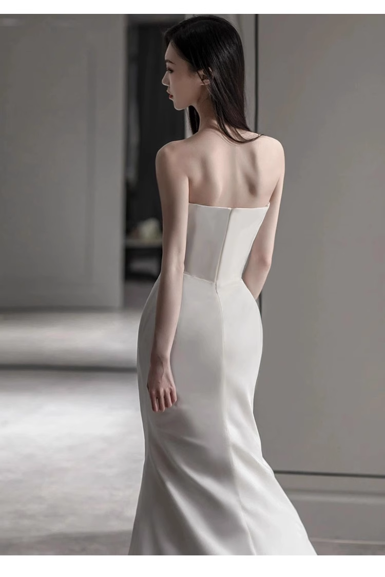 Chic A line Strapless Satin Long Wedding Dresses With Ruffles
