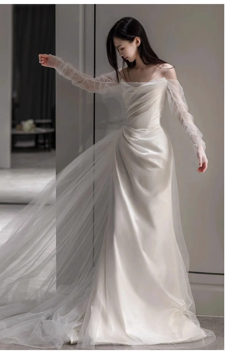 Chic A line Strapless Satin Long Wedding Dresses With Ruffles