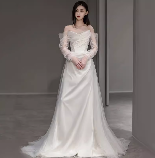 Chic A line Strapless Satin Long Wedding Dresses With Ruffles