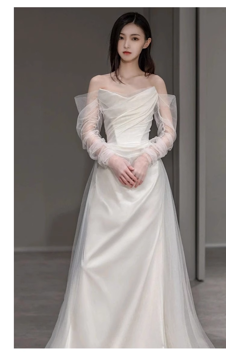 Chic A line Strapless Satin Long Wedding Dresses With Ruffles