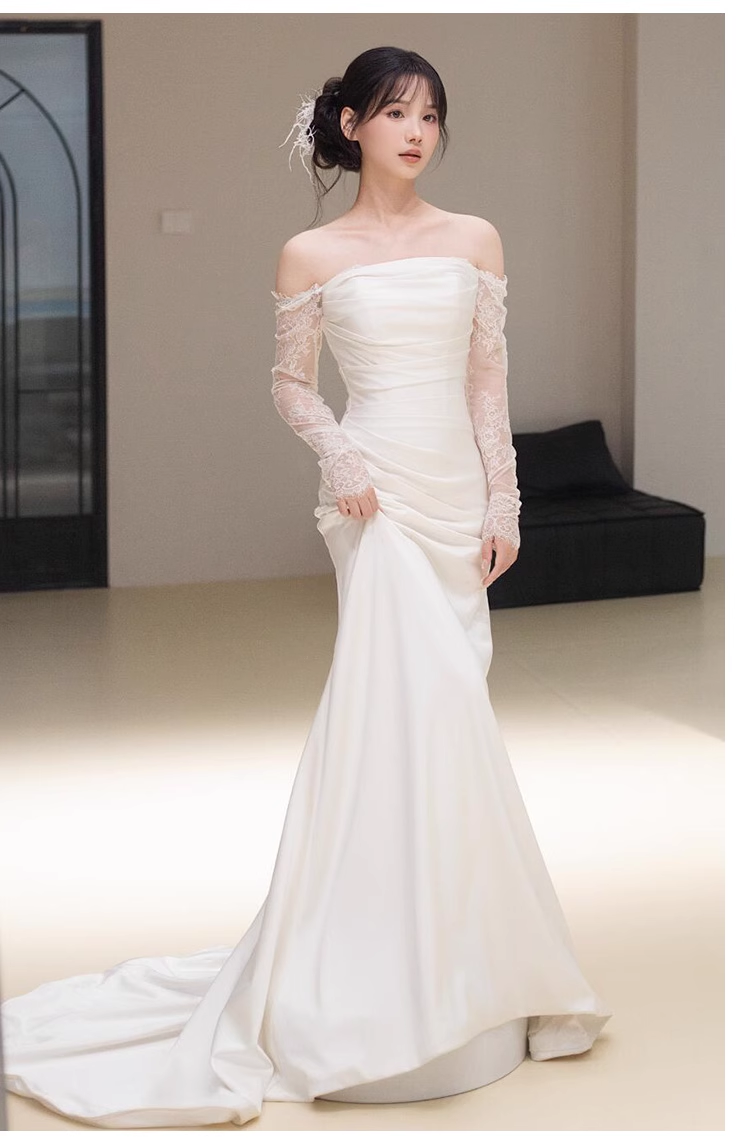 Sexy Sheath Off The Shoulder Long Sleeves Satin Long Wedding Dresses With Lace