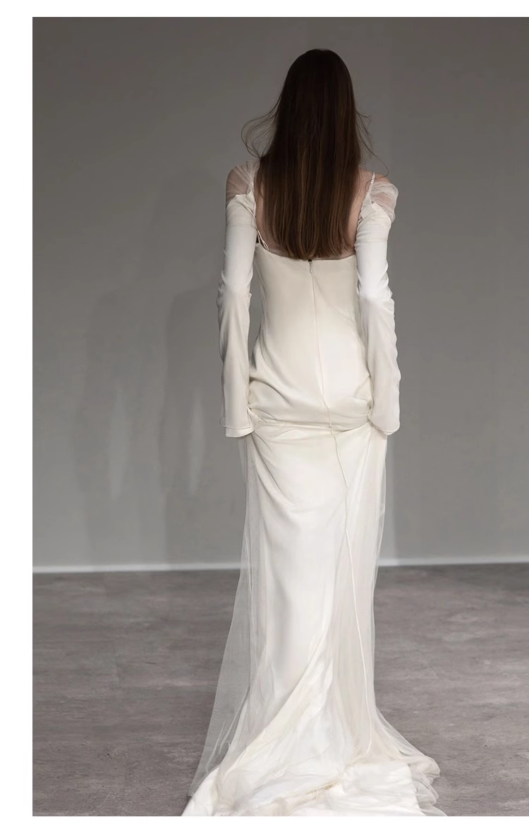 Sexy Sheath Off The Shoulder Long Sleeves Satin Long Wedding Dresses
