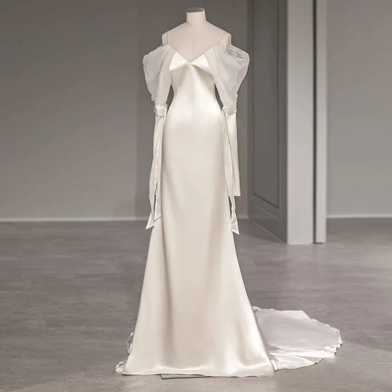 Sexy Sheath Off The Shoulder Long Sleeves Satin Long Wedding Dresses