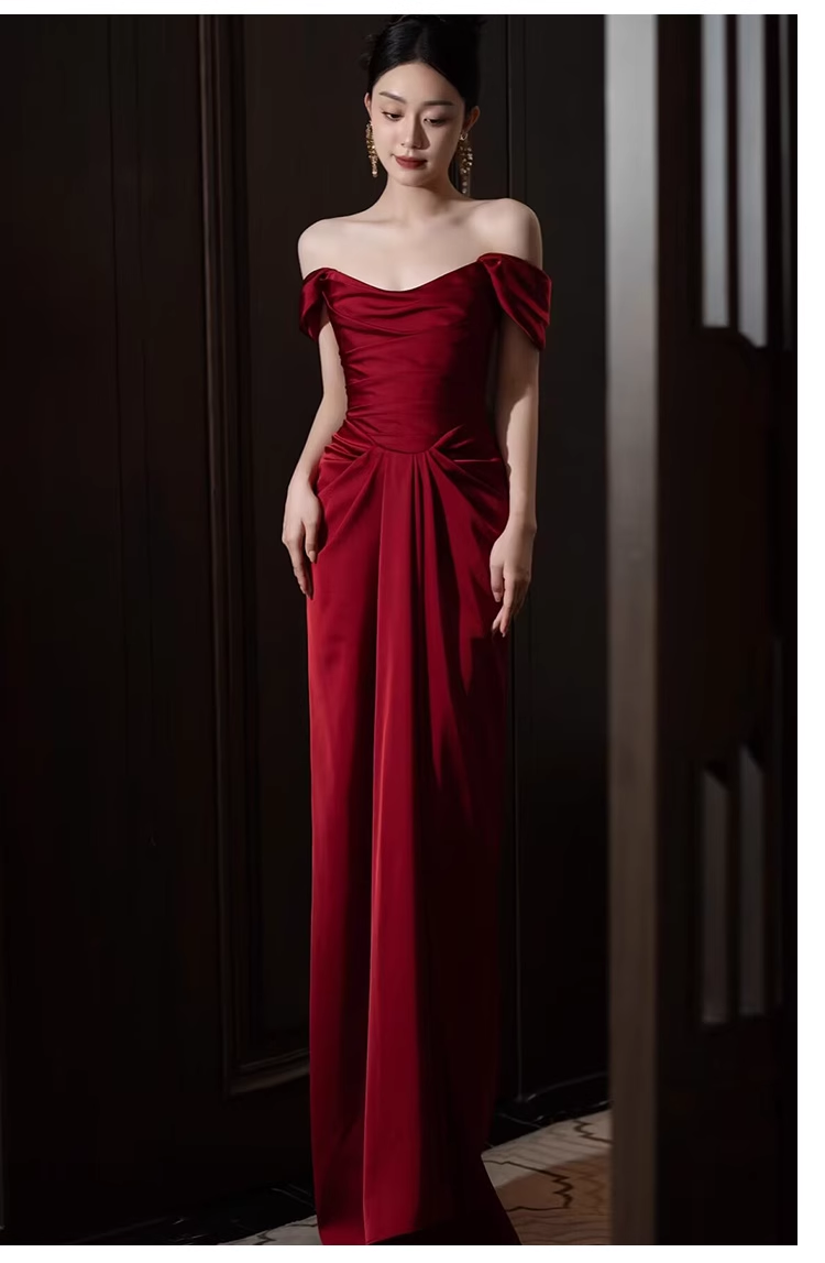 Pretty Sheath Off The Shoulder Satin Burgundy Long Prom Dresses