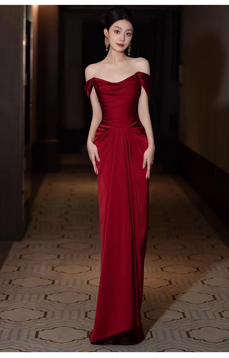 Pretty Sheath Off The Shoulder Satin Burgundy Long Prom Dresses