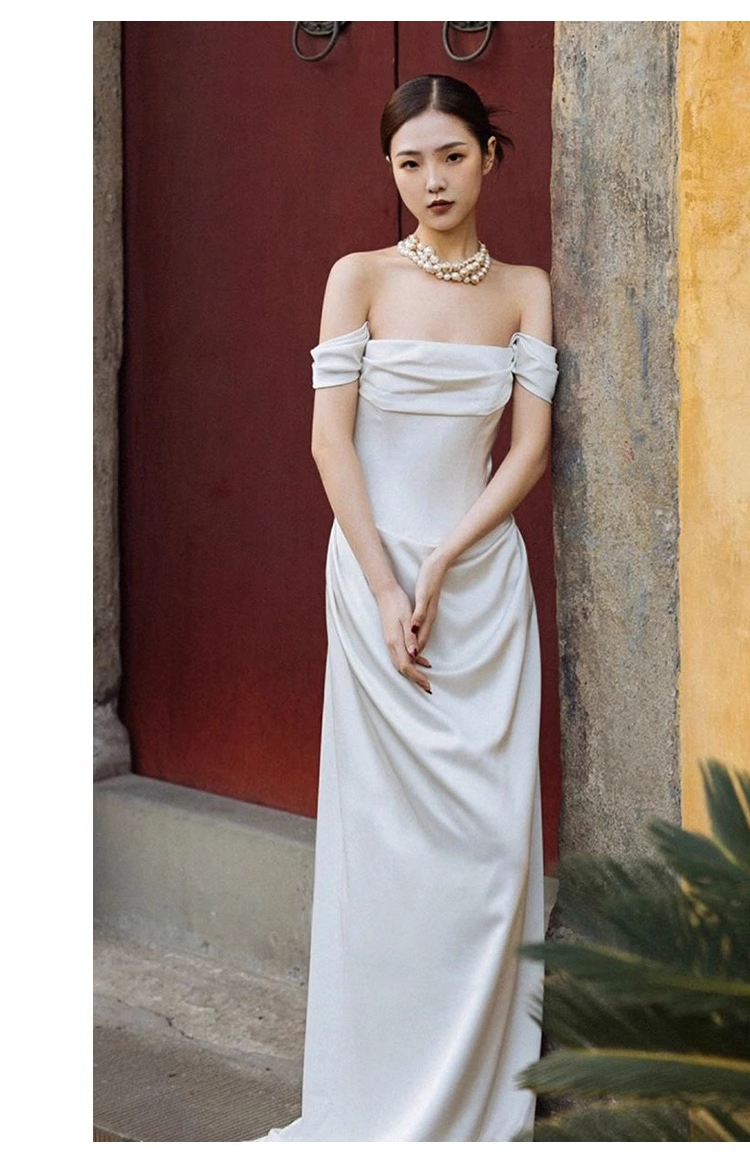 Chic Sheath Off The Shoulder Satin Long Wedding Dresses With Ruffles