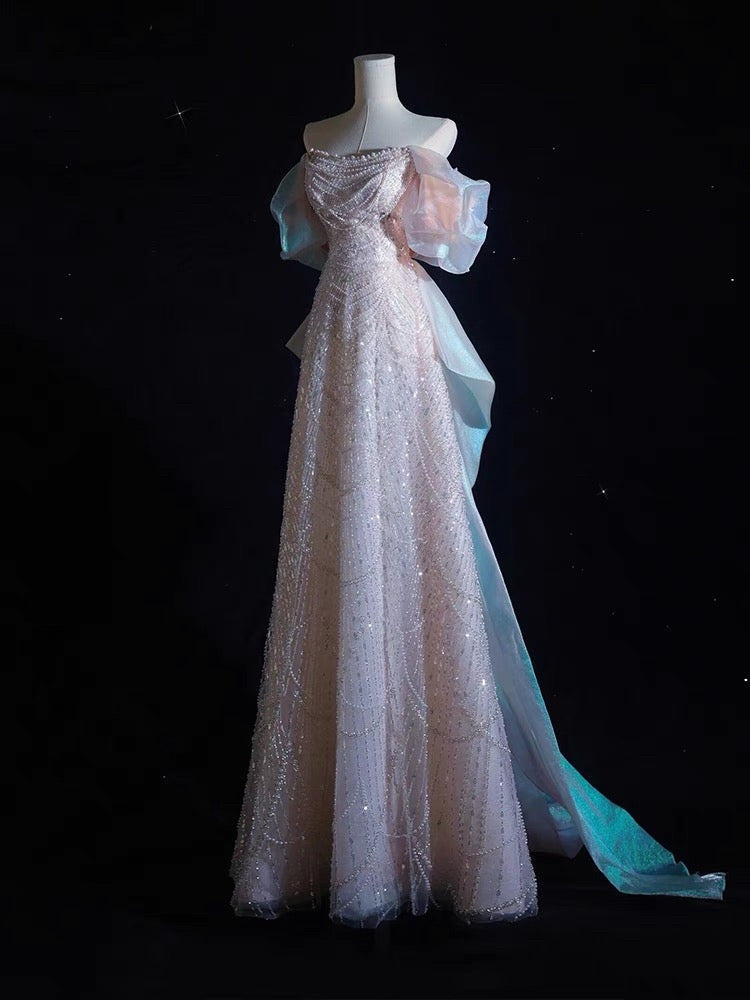 Pretty A line Off The Shoulder Pink Long Prom Dresses Sequin Birthday Outfits