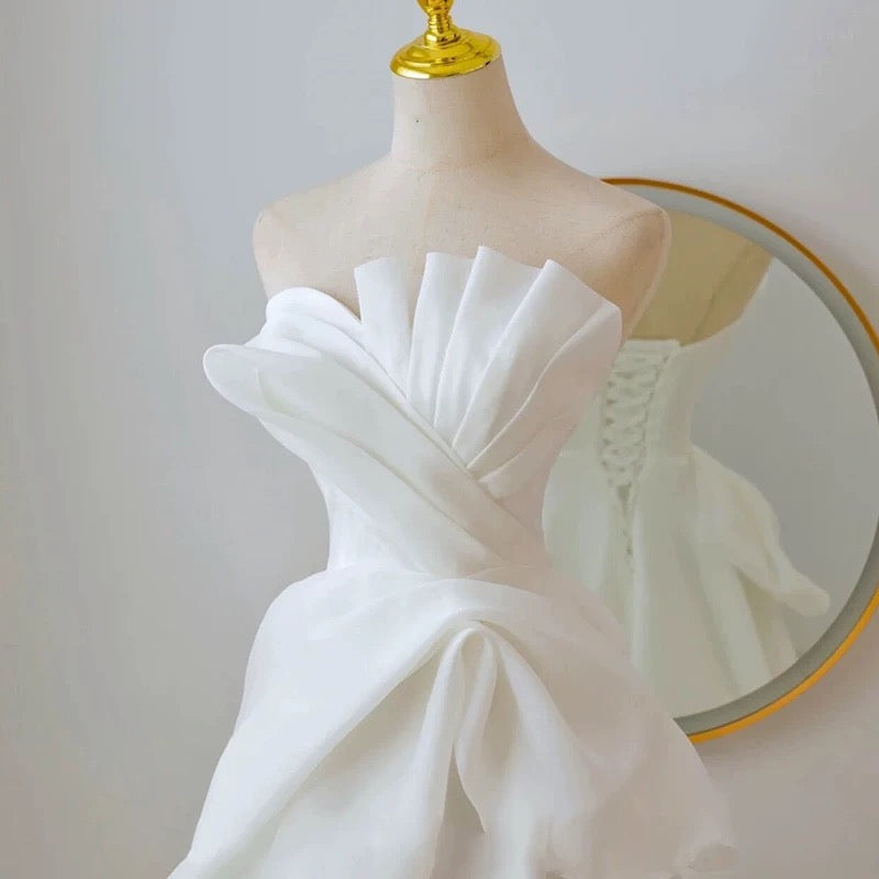 Timeless A line Strapless Chiffon Long Wedding Dresses With Ruffles