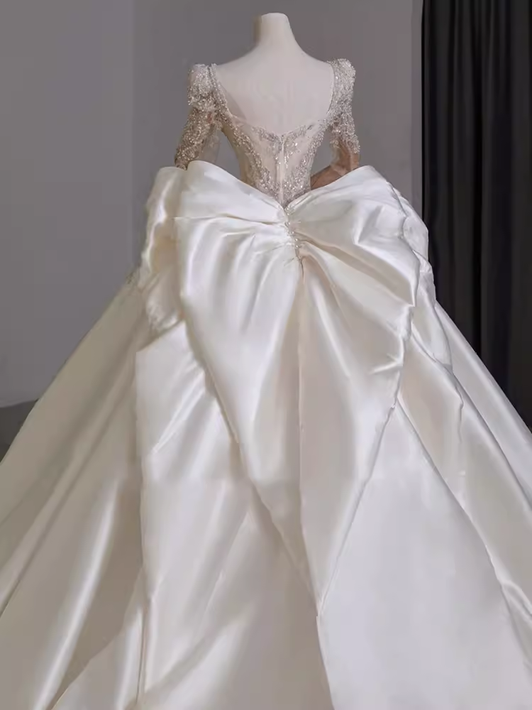 Vintage Ball Gown Square Neckline White Satin Wedding Dress