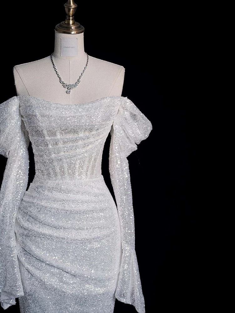 Timeless Mermaid Off The Shoulder Long Sleeves Sequin Wedding Dresses With Ruffles