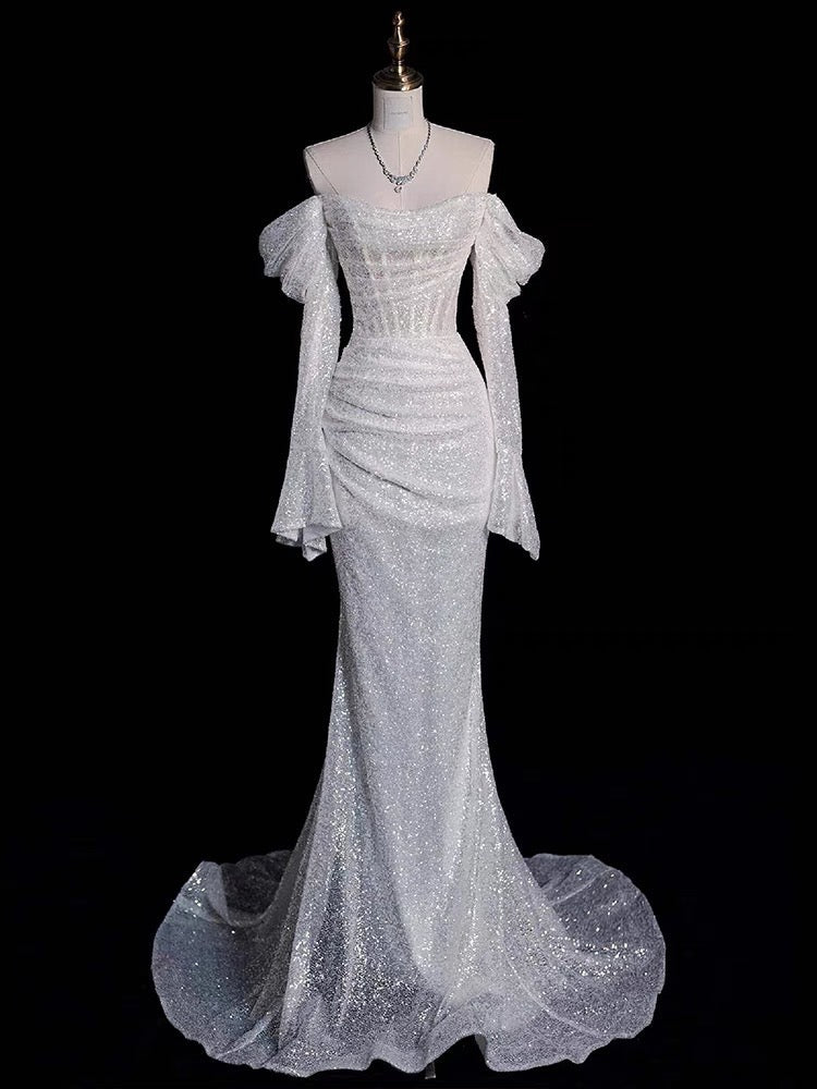 Timeless Mermaid Off The Shoulder Long Sleeves Sequin Wedding Dresses With Ruffles