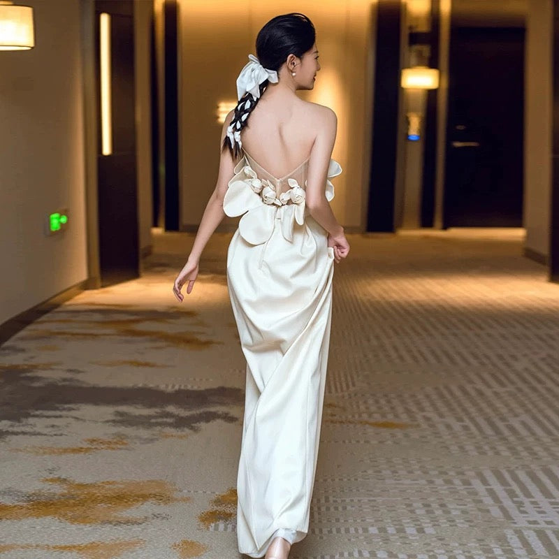 Classy Sheath Strapless Satin Ankle Length Wedding Dresses With Flowers