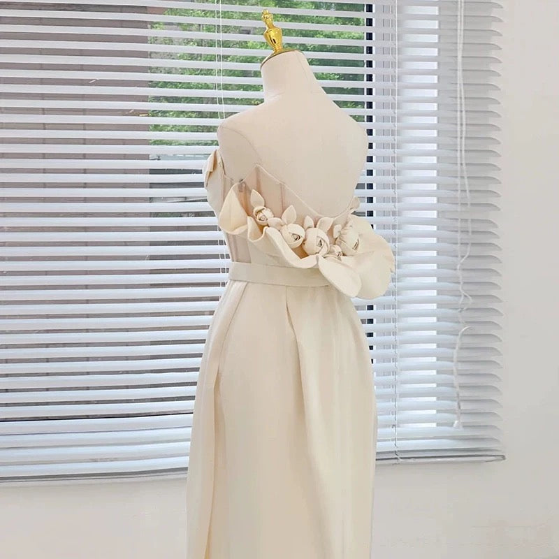 Classy Sheath Strapless Satin Ankle Length Wedding Dresses With Flowers