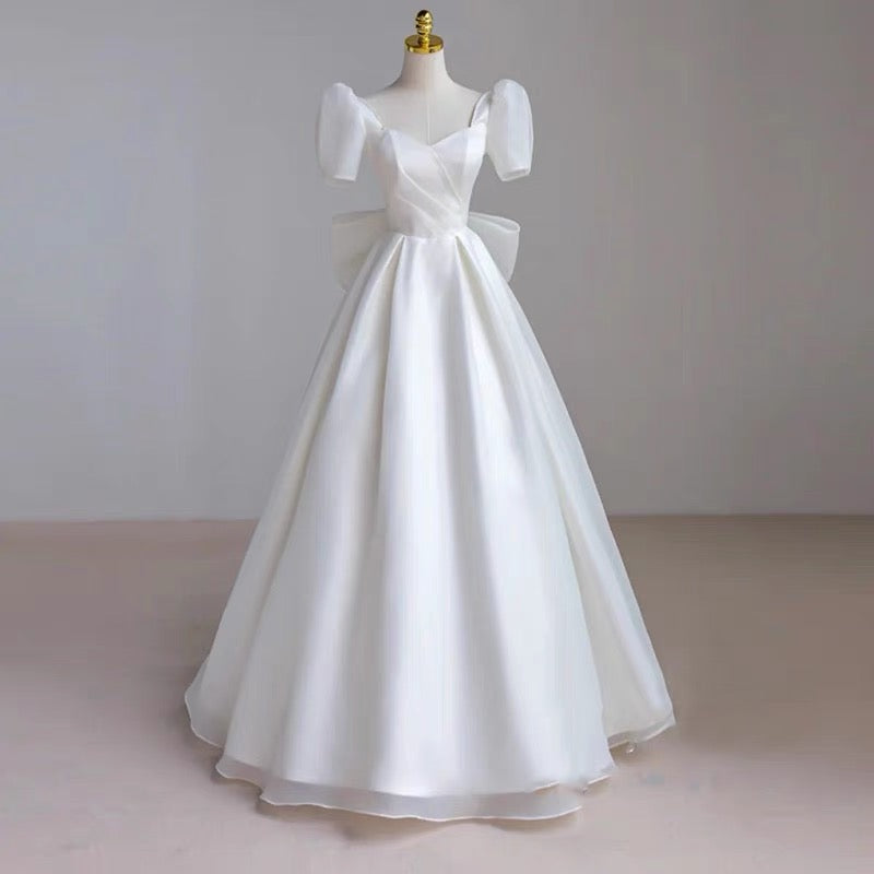 Classy Ball Gown Short Sleeves Floor Length Wedding Dresses With Bow