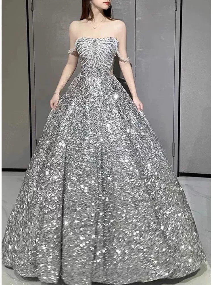 Sexy Ball Gown Off The Shoulder Silver Sequin Long Prom Dresses