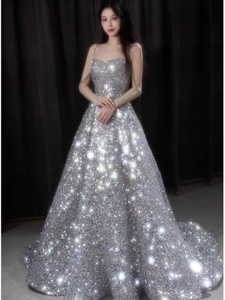 Sexy Ball Gown Off The Shoulder Silver Sequin Long Prom Dresses
