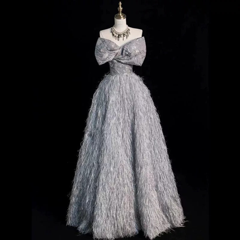 Elegant Ball Gown Strapless Gray Sequin Long Prom Dress