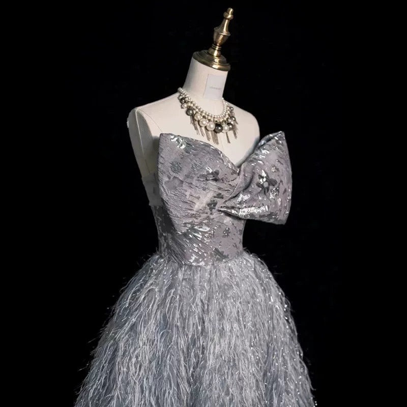 Elegant Ball Gown Strapless Gray Sequin Long Prom Dress