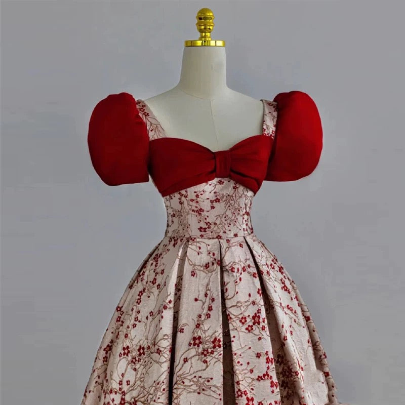 Elegant Ball Gown Puffy Sleeves Satin Red Long Prom Dresses