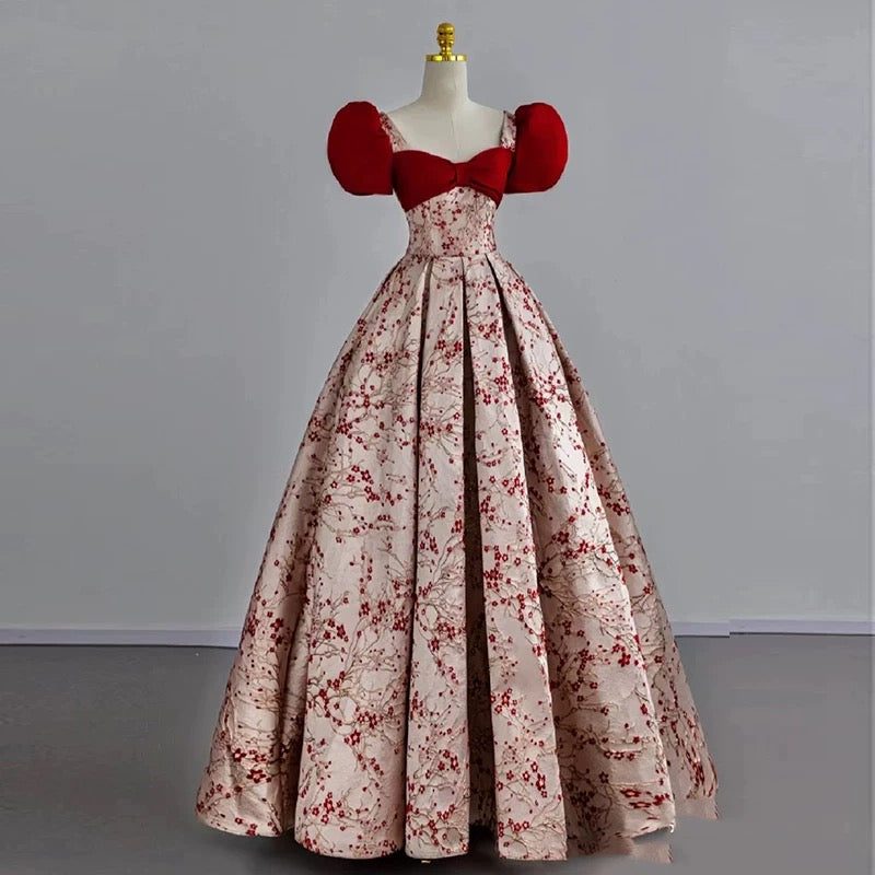 Elegant Ball Gown Puffy Sleeves Satin Red Long Prom Dresses