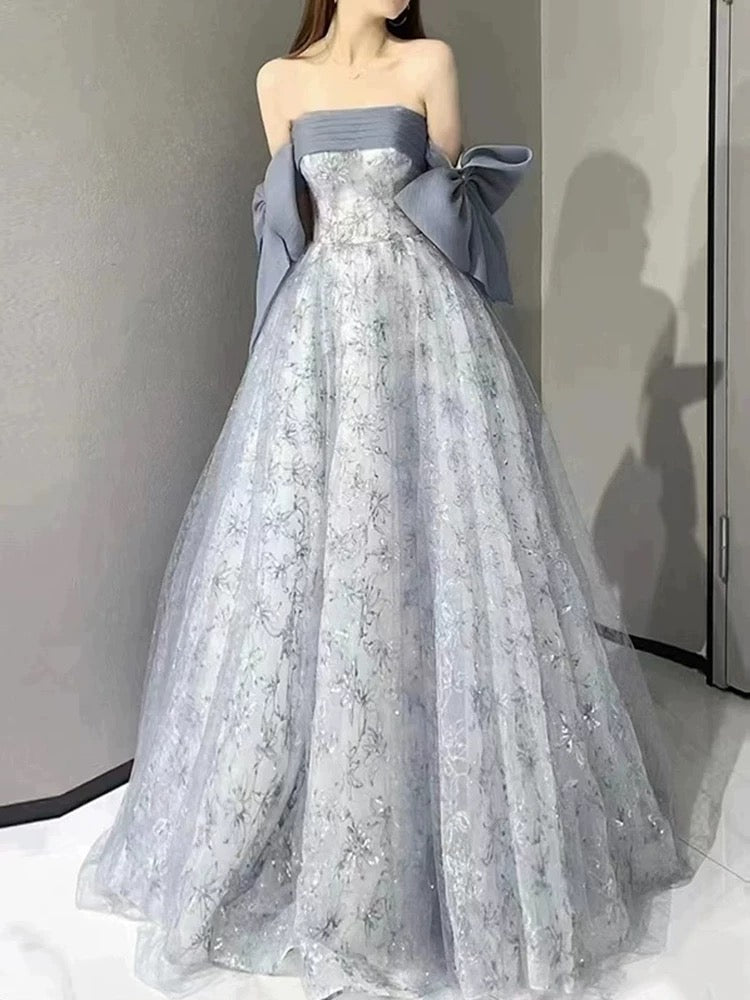 Elegant Ball Gown Strapless Gray Blue Sequin Long Prom Dresses