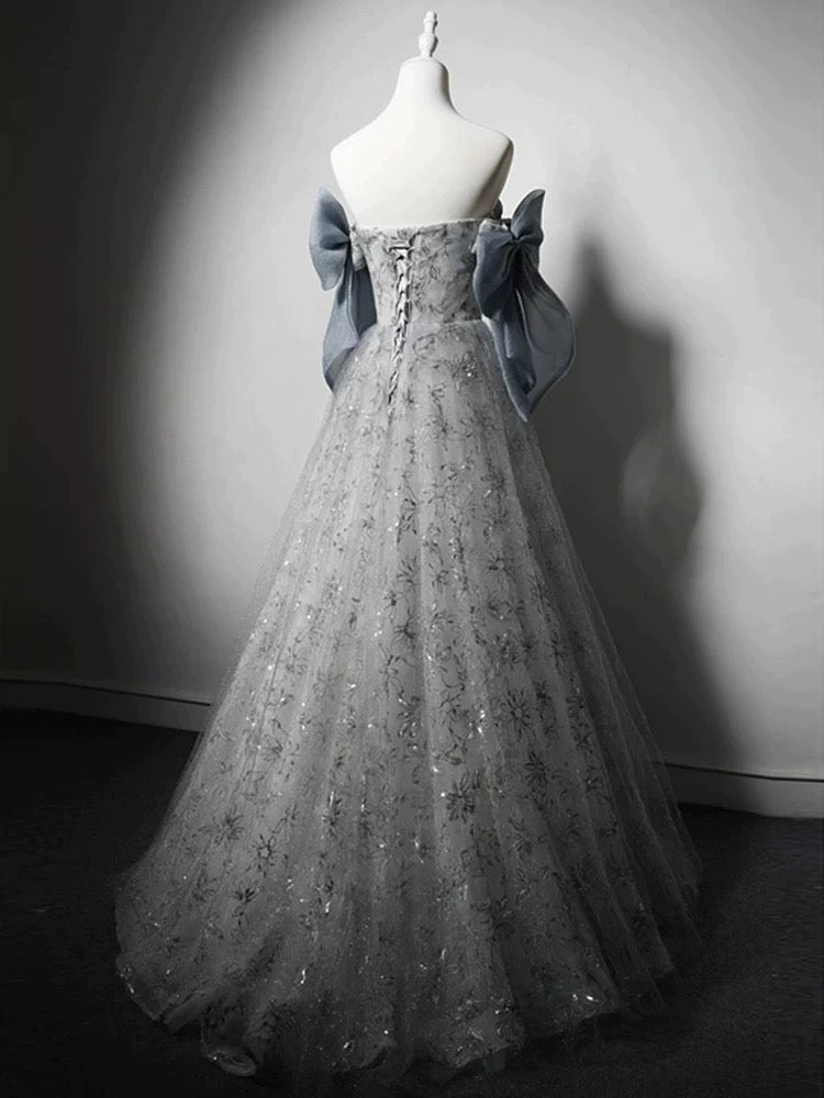 Elegant Ball Gown Strapless Gray Blue Sequin Long Prom Dresses