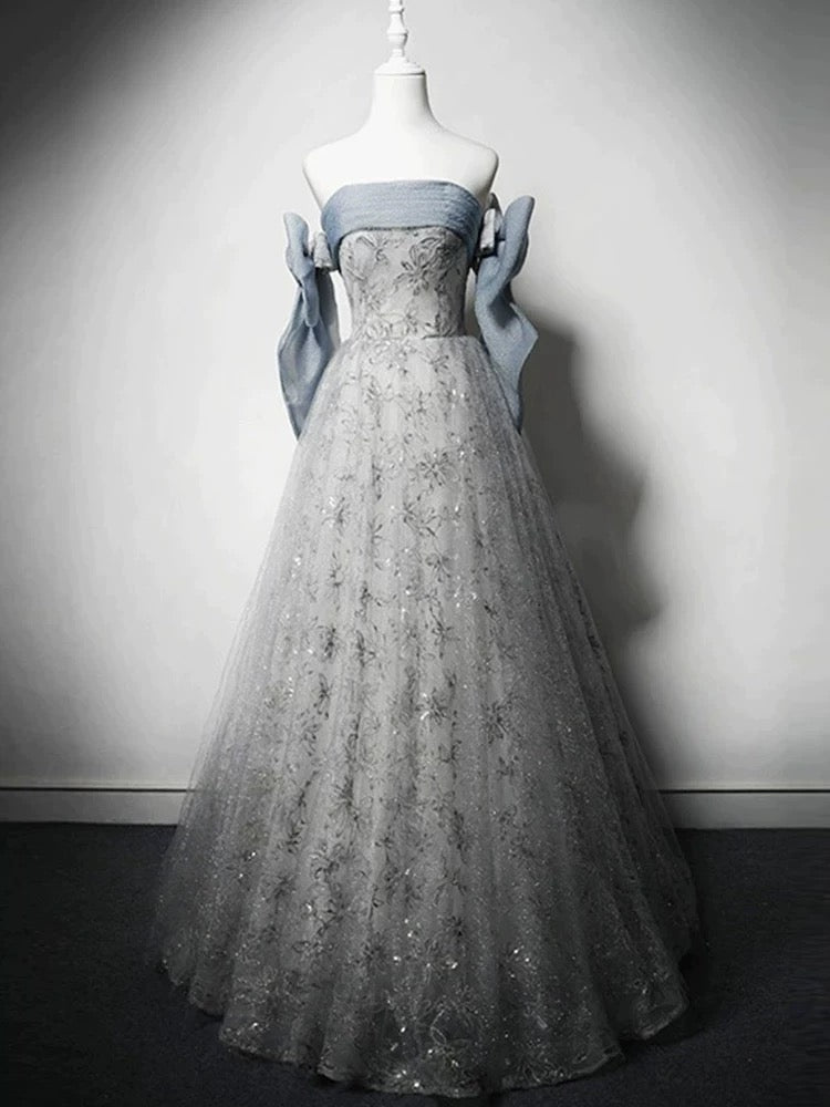 Elegant Ball Gown Strapless Gray Blue Sequin Long Prom Dresses