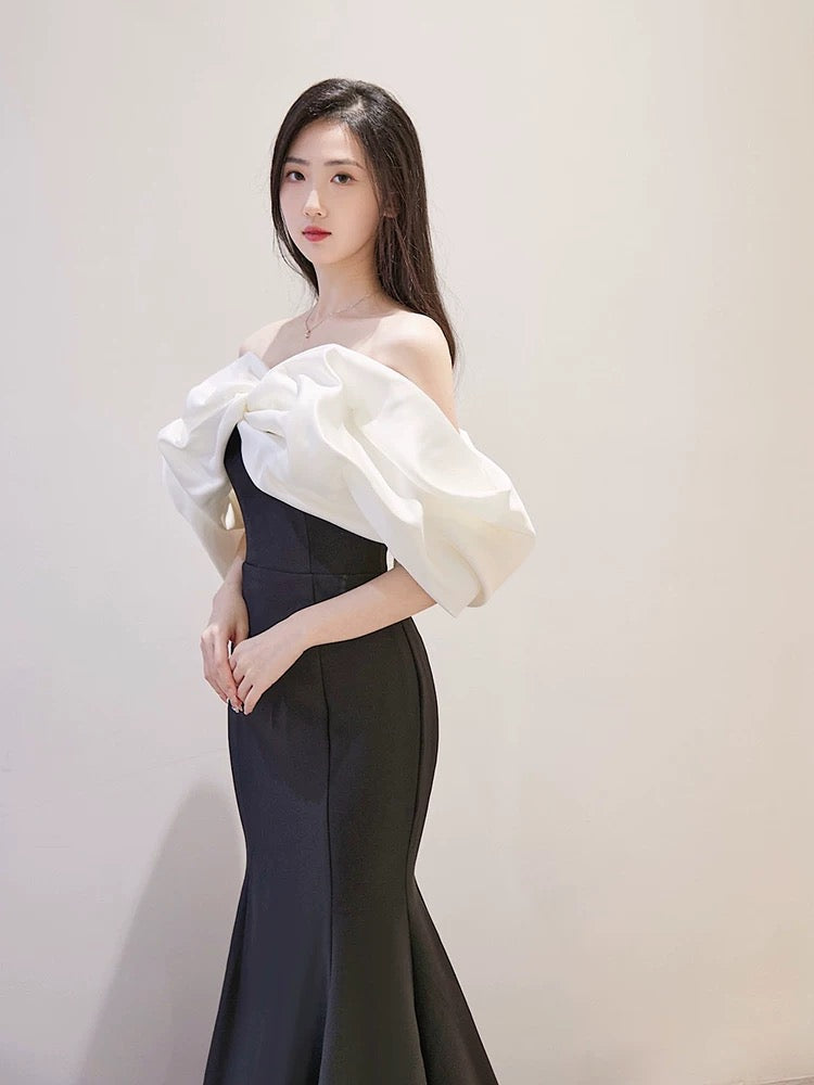 Modest Mermaid Off The Shoulder Satin Black Prom Dress Long Evening Dresses