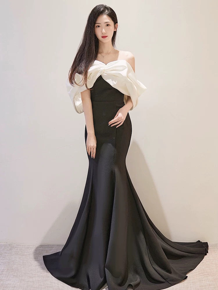 Modest Mermaid Off The Shoulder Satin Black Prom Dress Long Evening Dresses