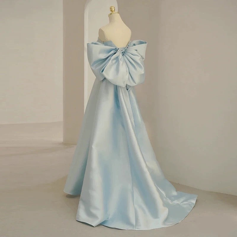 Modest A Line Off The Shoulder Satin Light Sky Blue Prom Dress Long Evening Dresses