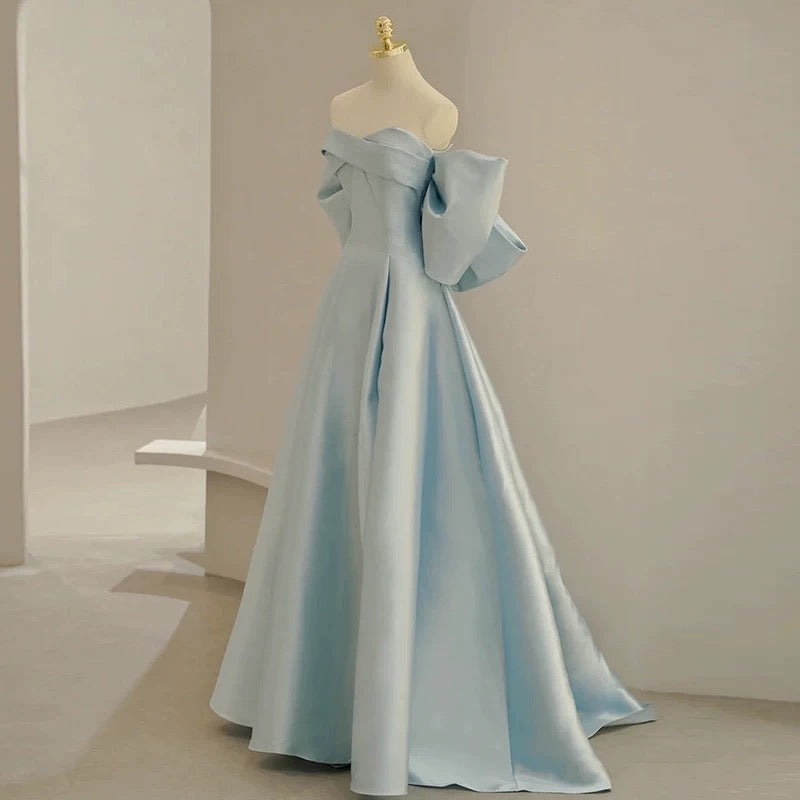 Modest A Line Off The Shoulder Satin Light Sky Blue Prom Dress Long Evening Dresses