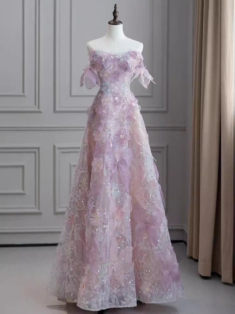 Cute A line Strapless Neckline Tulle Pink Flowers Wedding Dress