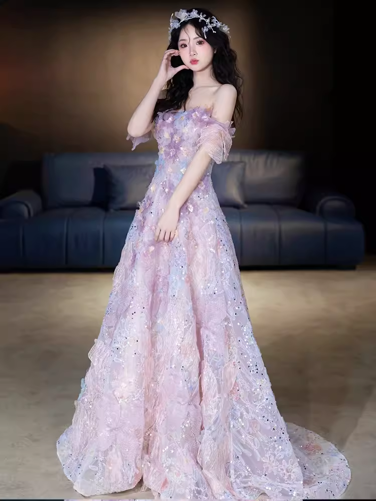Cute A line Strapless Neckline Tulle Pink Flowers Wedding Dress