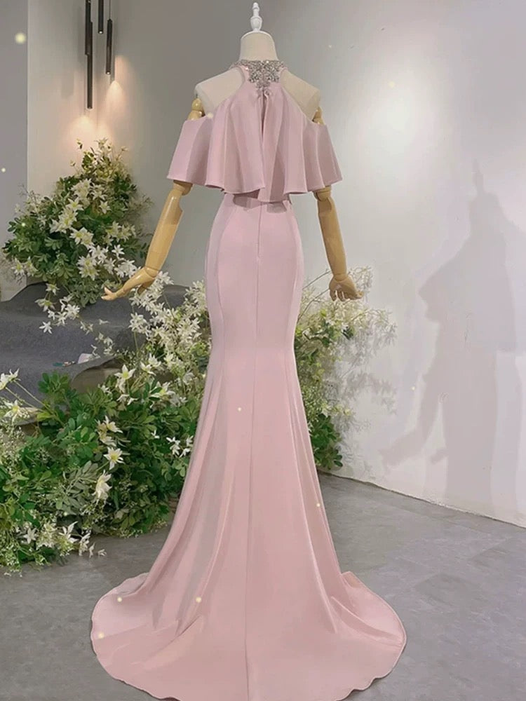 Elegant Sheath High Neckline Pink Satin Silver Beads Long Prom Dresses