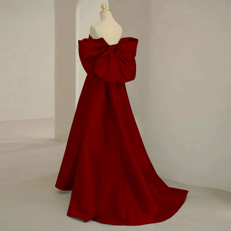 Modest A Line Off The Shoulder Satin Burgundy Prom Dress Long Evening Dresses With Bow