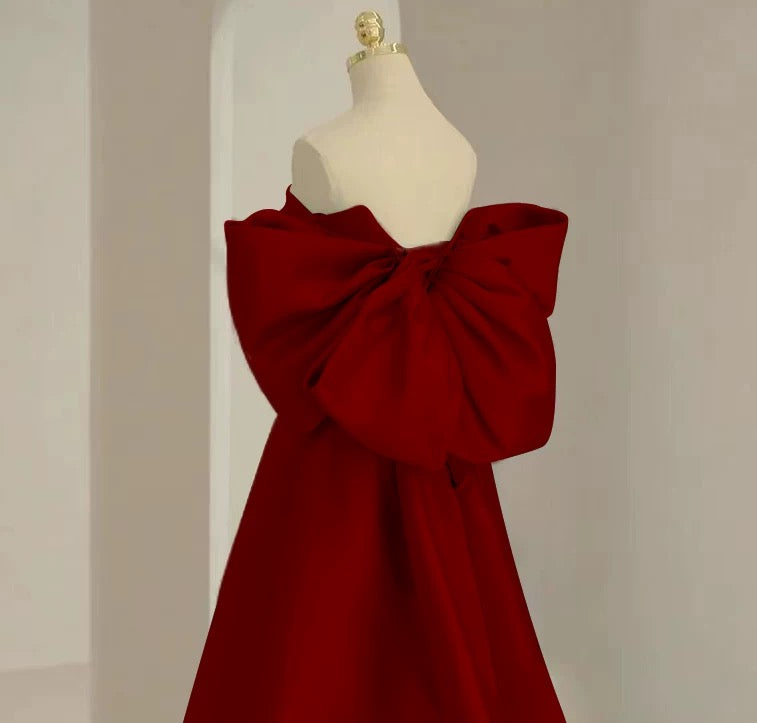 Modest A Line Off The Shoulder Satin Burgundy Prom Dress Long Evening Dresses With Bow