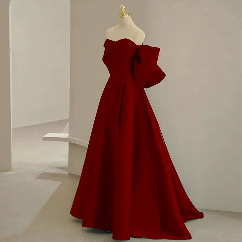 Modest A Line Off The Shoulder Satin Burgundy Prom Dress Long Evening Dresses With Bow